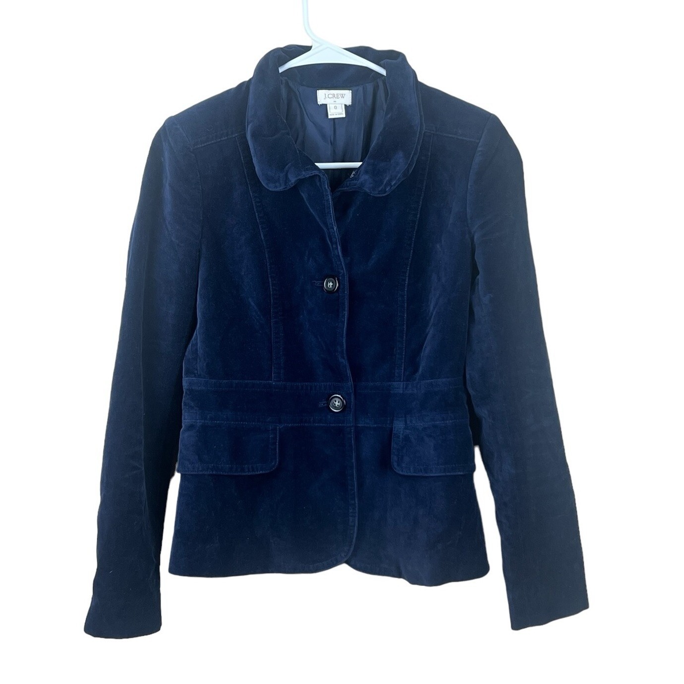 J Crew Women's Dark Blue Velvet Fitted Blazer Coat Jacket Size 0 100% Cotton